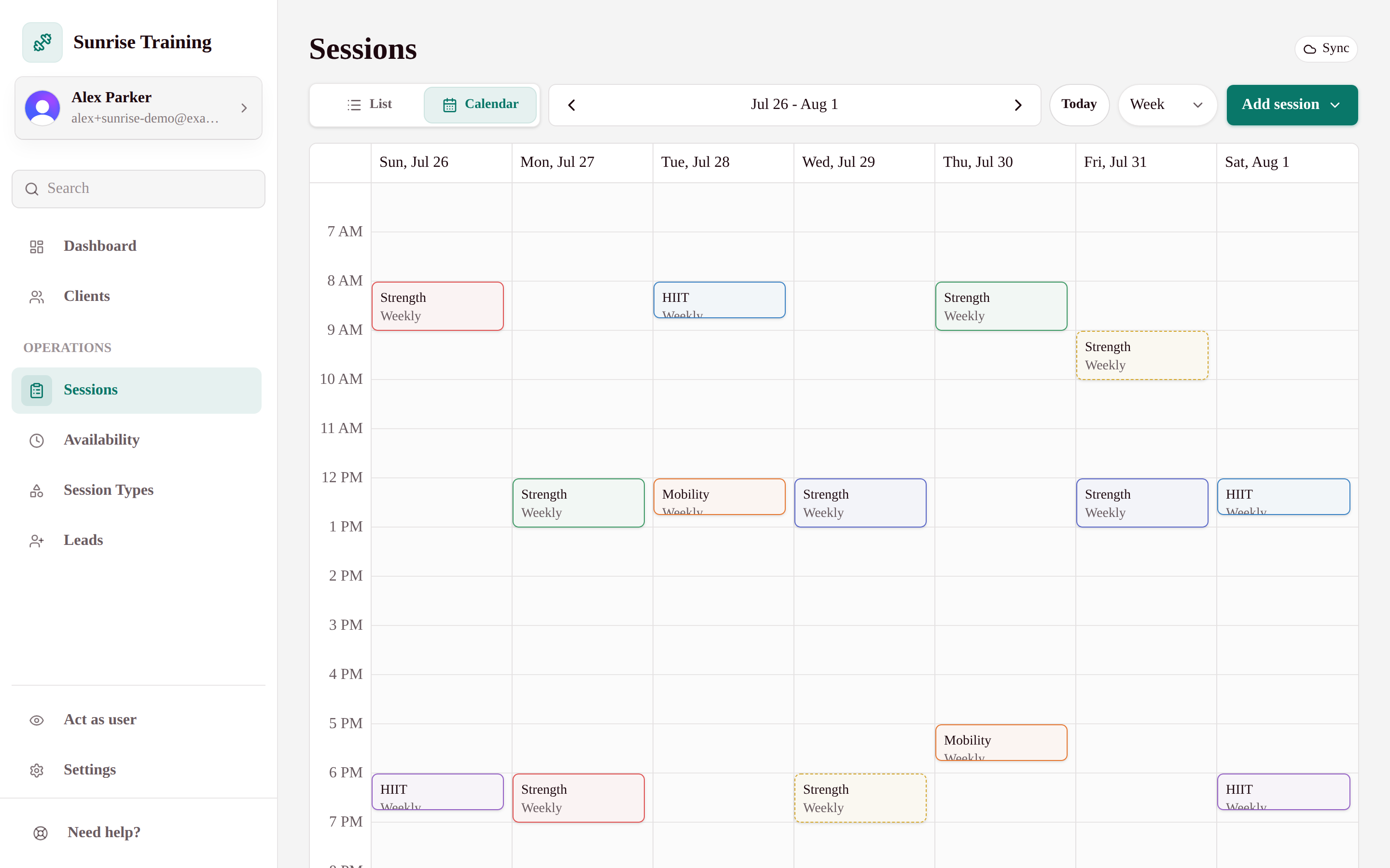 My Studio Keep sessions calendar with recurring client bookings