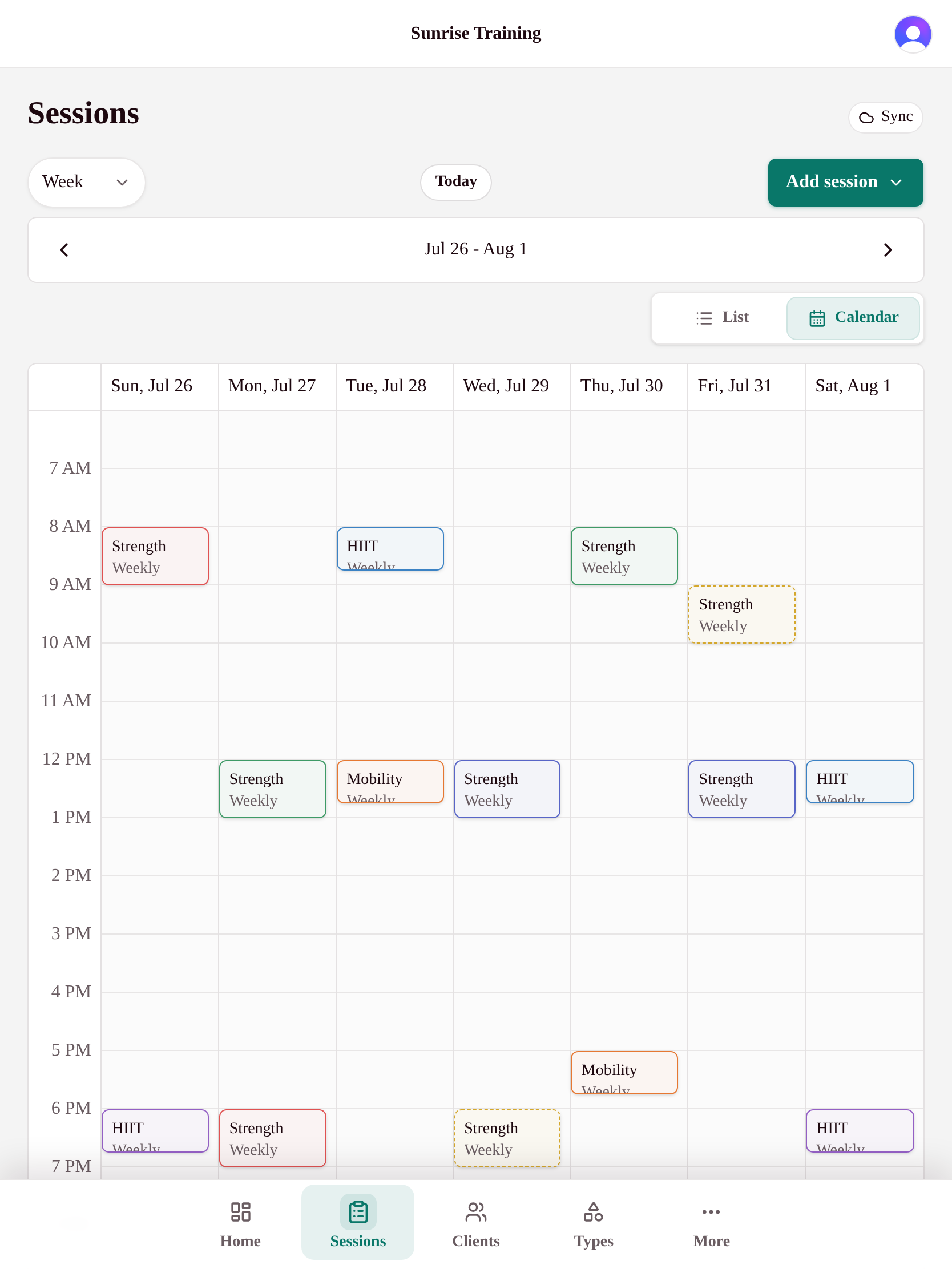 My Studio Keep sessions calendar with recurring client bookings