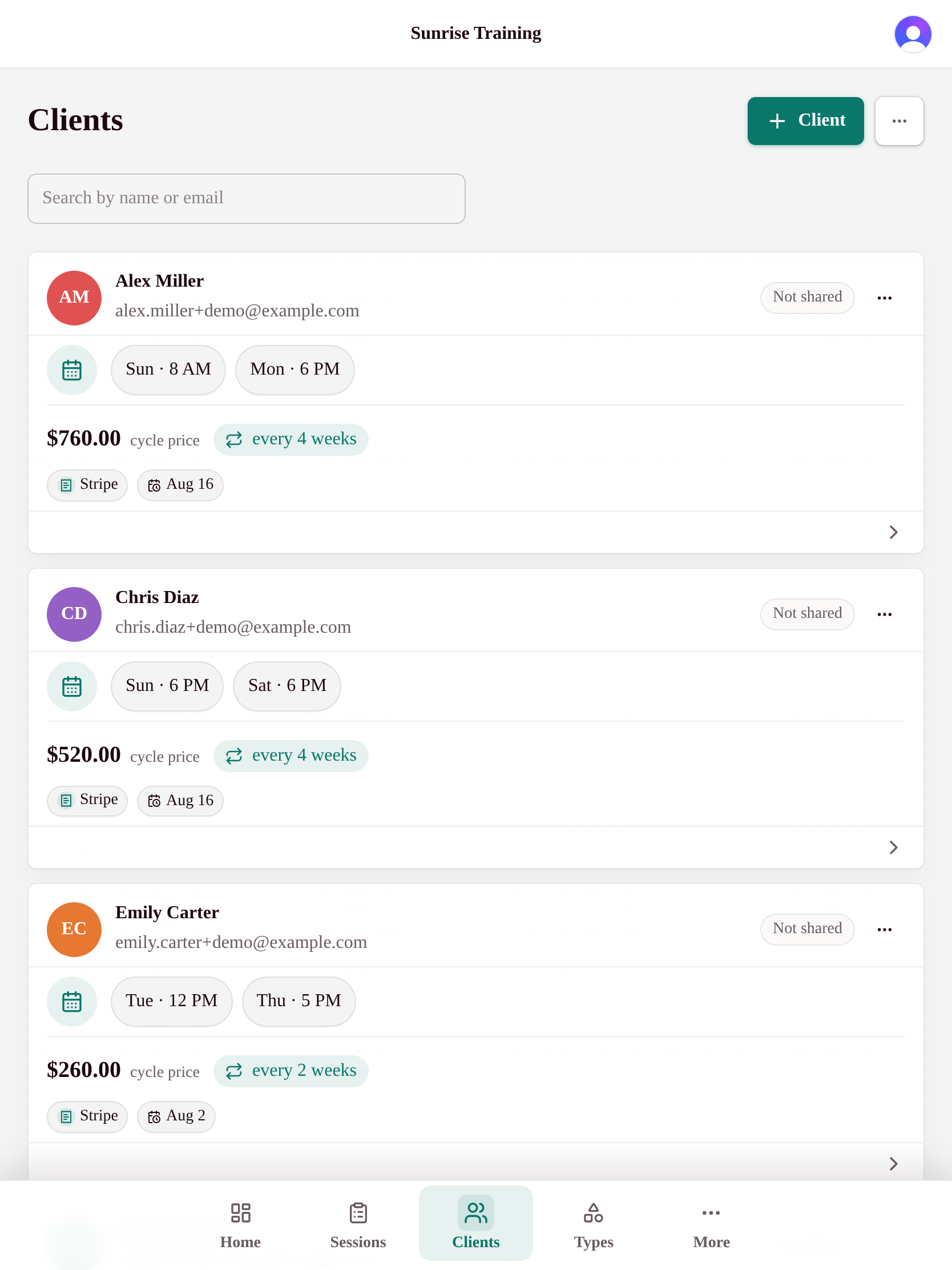 My Studio Keep client list with schedules and payment status