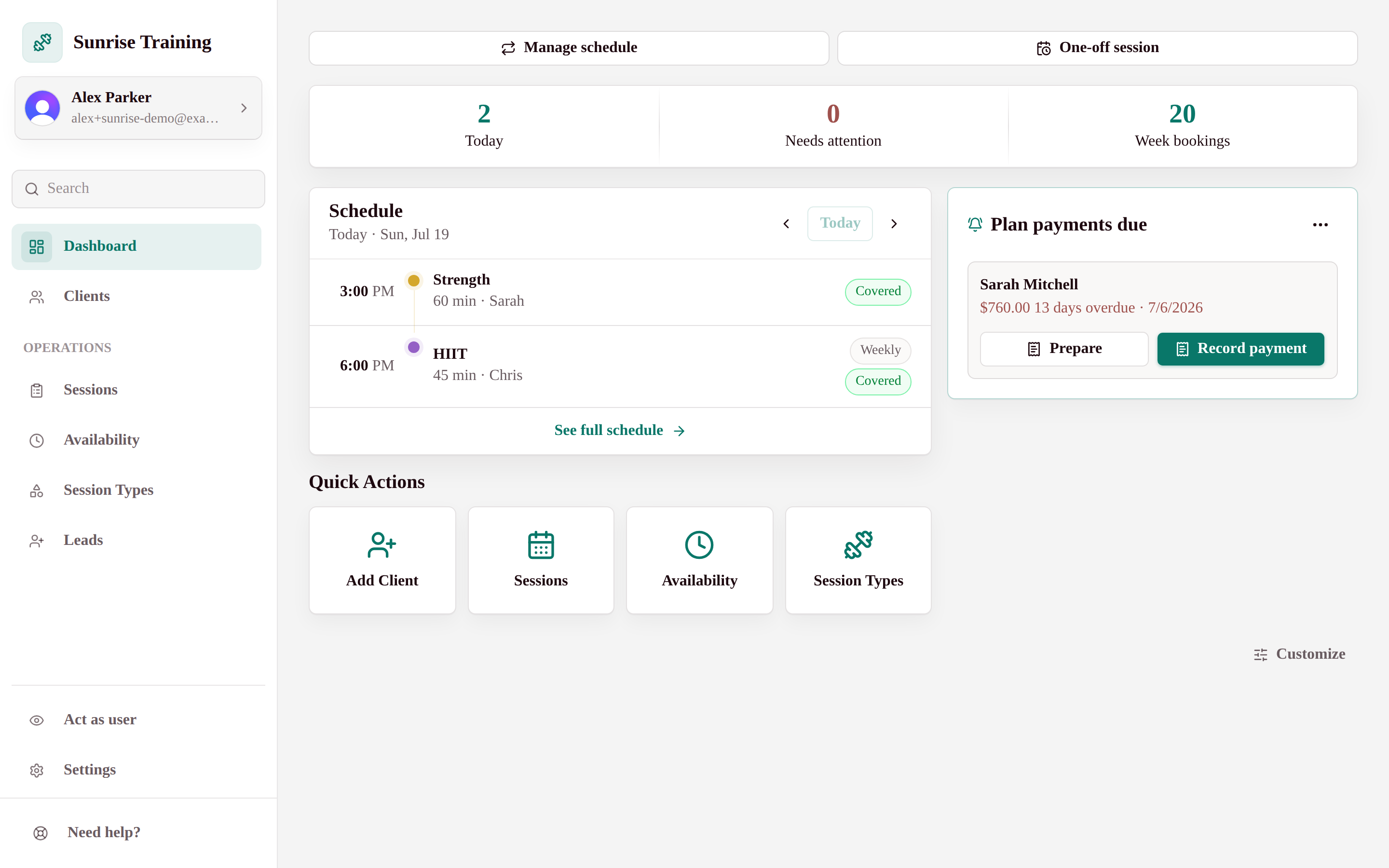 My Studio Keep dashboard on desktop showing today’s schedule and client activity