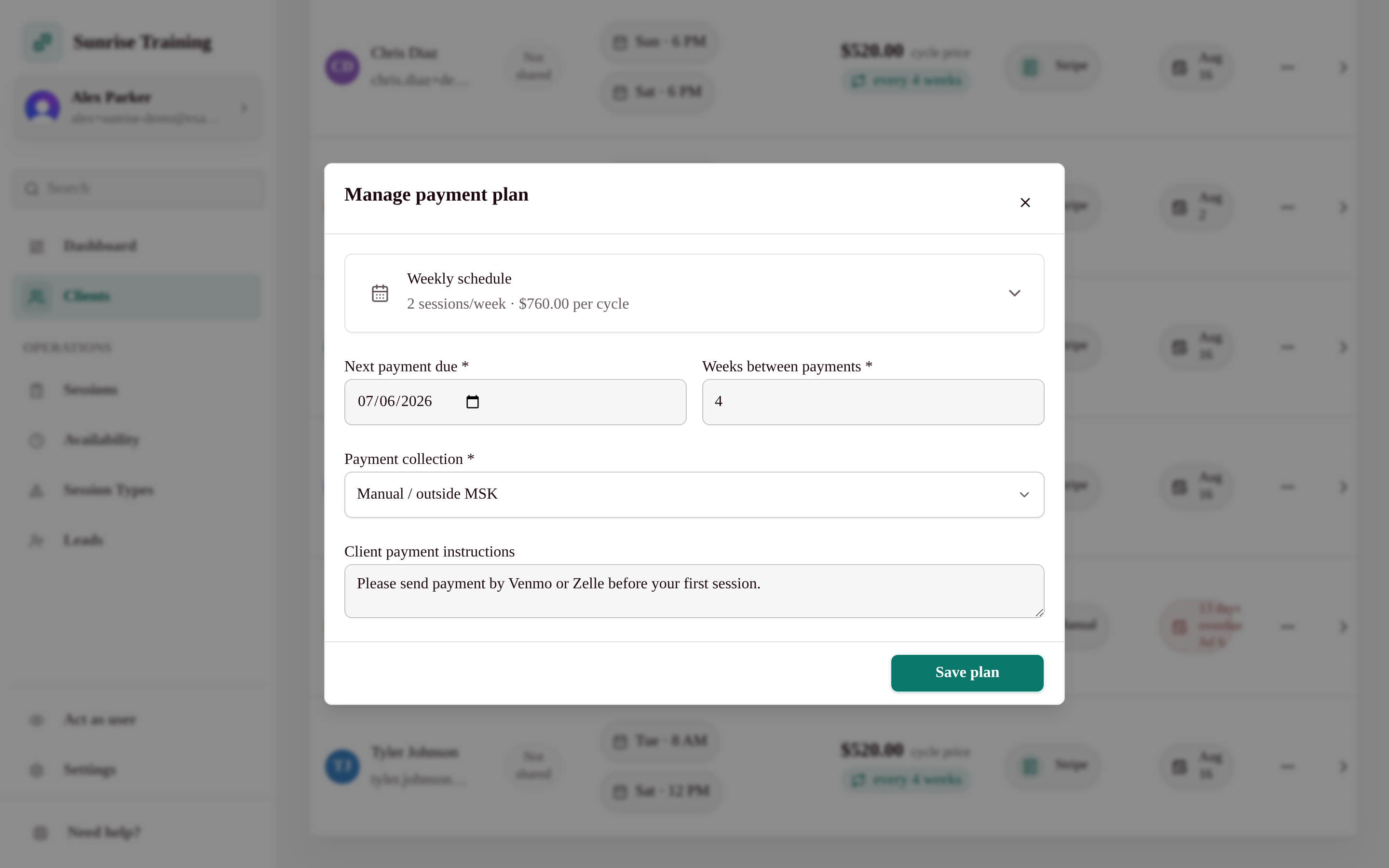 My Studio Keep manage payment plan dialog
