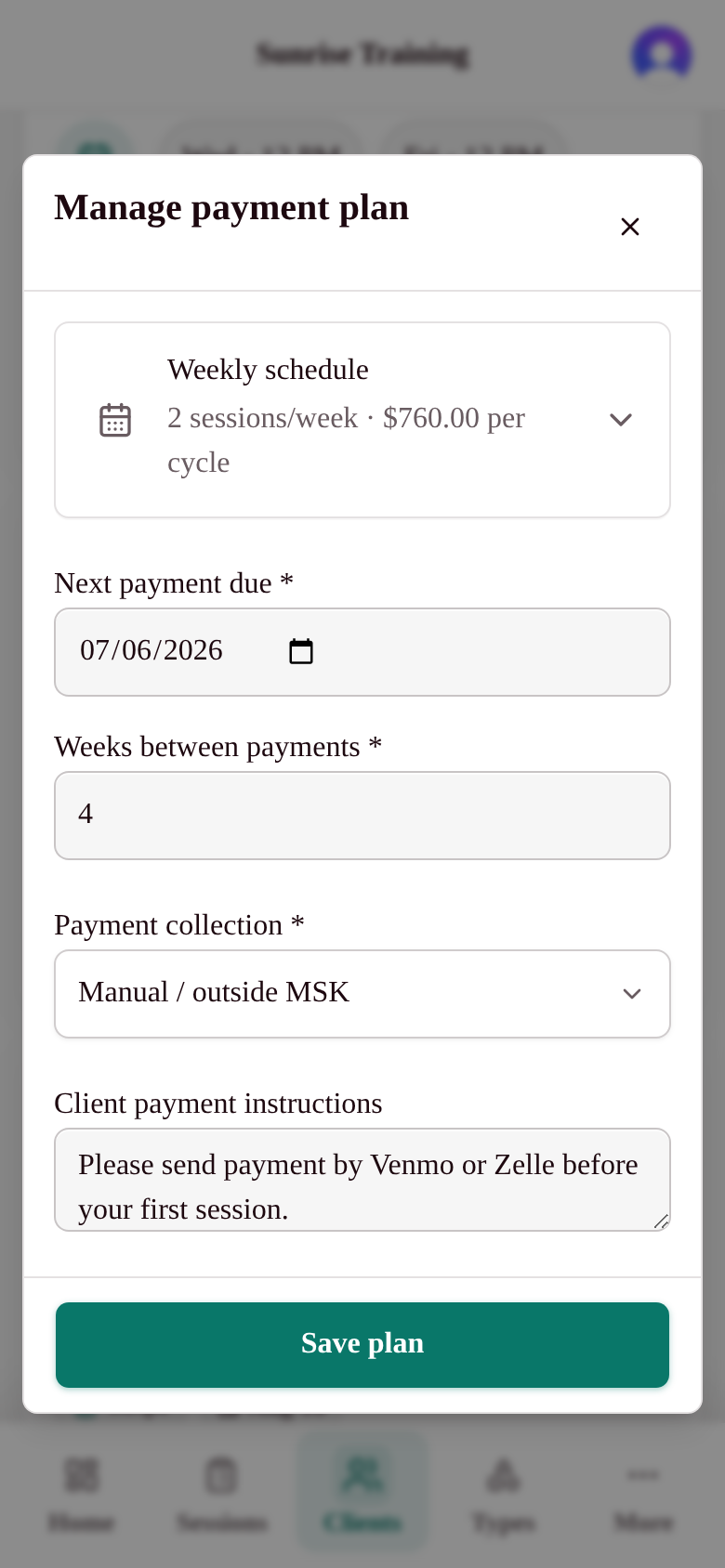 My Studio Keep manage payment plan dialog