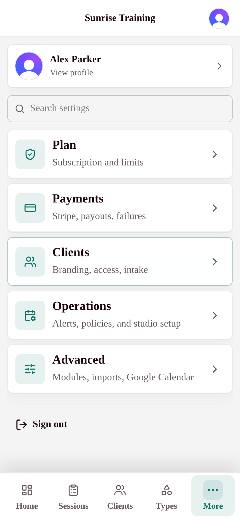 My Studio Keep studio settings page
