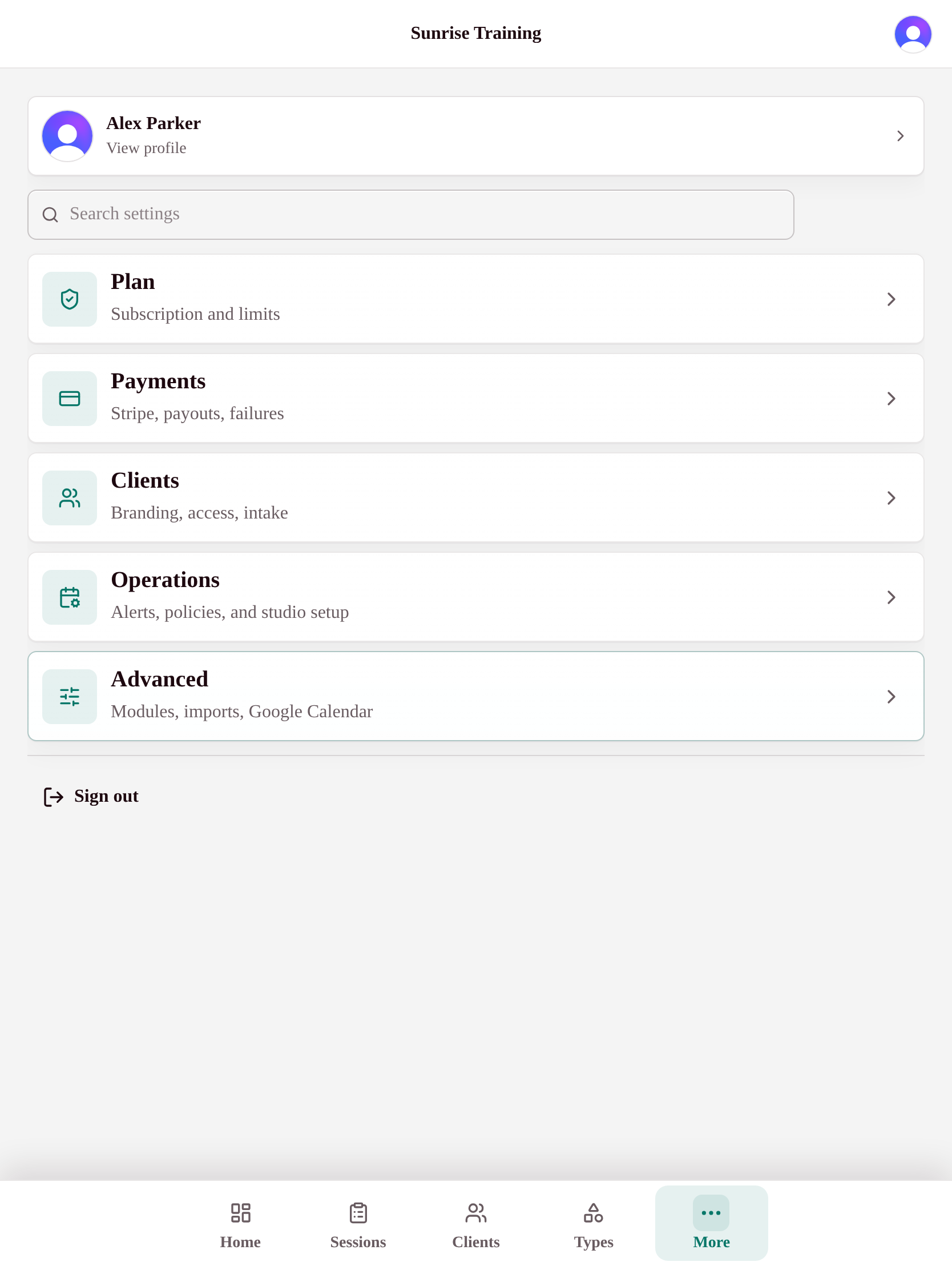 My Studio Keep studio settings page